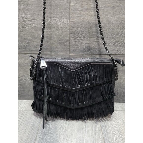 Aimee Kestenberg Black Leather Fringe Hobo Medium Size Black Bag B000466 - Picture 1 of 9
